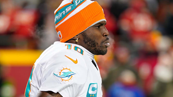 Miami Dolphins wide receiver Tyreek Hill (10) takes the field prior to a 2024 AFC wild card game against the Kansas City Chiefs at GEHA Field at Arrowhead Stadium.