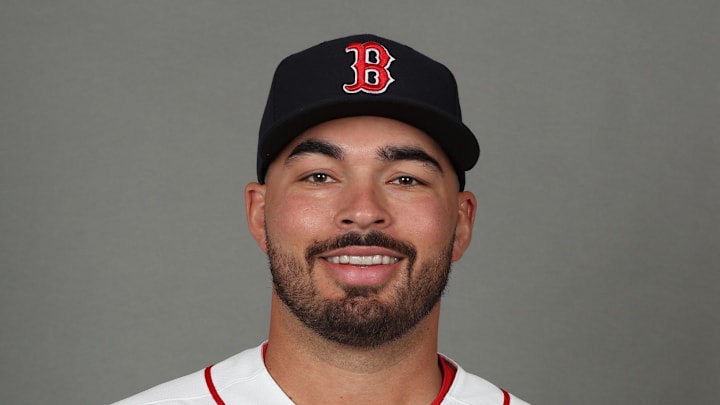 Feb 17, 2026; Lee County, FL, USA;  Boston Red Sox pitcher Alec Gamboa (68) poses for a photo during media day at JetBlue Park. Mandatory Credit: Kim Klement Neitzel-Imagn Images