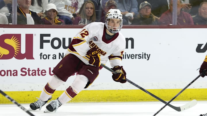 Cullen Potter Skates on the ice against Minnesota Duluth in Game Two of the NCHC Playoffs
