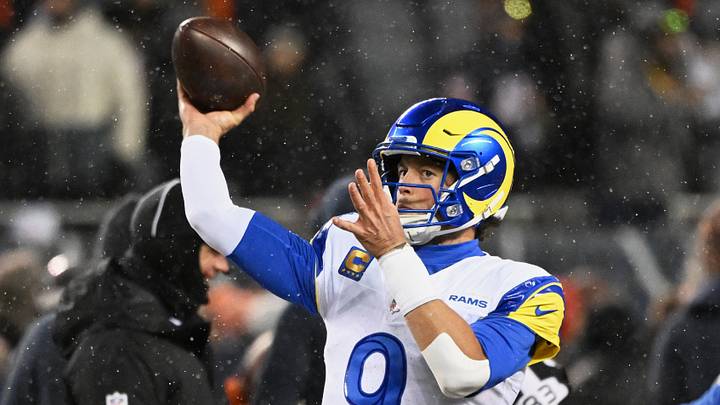 Los Angeles Rams quarterback Matthew Stafford (9) throws a pass during warmups before an NFC Divisional Round game against the Chicago Bears at Soldier Field. Los Angeles Rams quarterback Matthew Stafford (9) throws a pass during warmups before an NFC Divisional Round game against the Chicago Bears at Soldier Field.