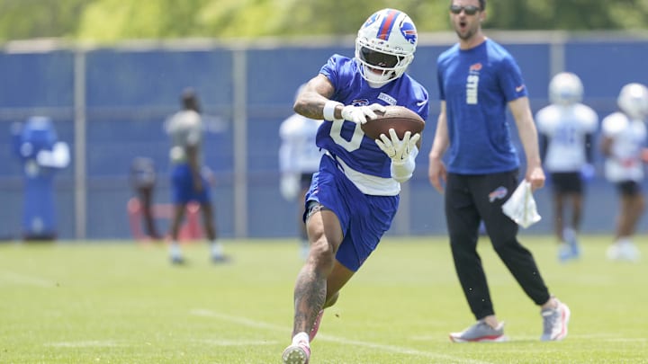 Buffalo Bills wide receiver Keon Coleman makes a catch during Minicamp at Highmark Stadium.