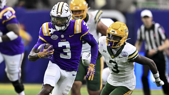 Dec 31, 2024; Houston, TX, USA; LSU Tigers wide receiver Chris Hilton Jr. (3) runs the ball during the first half against the Baylor Bears at NRG Stadium. Mandatory Credit: Maria Lysaker-Imagn Images 