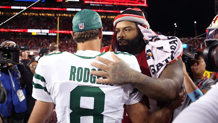 Sep 9, 2024; Santa Clara, California, USA; New York Jets quarterback Aaron Rodgers (8) greets San Francisco 49ers offensive tackle Trent Williams (71) after a game at Levi's Stadium. Mandatory Credit: David Gonzales-Imagn Images Sep 9, 2024; Santa Clara, California, USA; New York Jets quarterback Aaron Rodgers (8) greets San Francisco 49ers offensive tackle Trent Williams (71) after a game at Levi's Stadium. Mandatory Credit: David Gonzales-Imagn Images