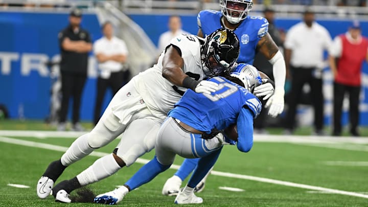 Aug 19, 2023; Detroit, Michigan, USA;  Detroit Lions quarterback Teddy Bridgewater (50) gets sacked