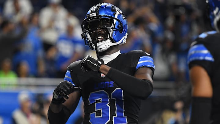 Sep 30, 2024; Detroit, Michigan, USA; Detroit Lions safety Kerby Joseph (31) celebrates after intercepting a pass against the Seattle Seahawks in the fourth quarter at Ford Field. Mandatory Credit: Eamon Horwedel-Imagn Images Sep 30, 2024; Detroit, Michigan, USA; Detroit Lions safety Kerby Joseph (31) celebrates after intercepting a pass against the Seattle Seahawks in the fourth quarter at Ford Field. Mandatory Credit: Eamon Horwedel-Imagn Images