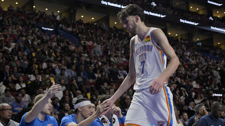 Oct 12, 2023; Montreal, Quebec, CAN; Oklahoma City Thunder center Chet Holmgren (7) comes back to the bench during the third quarter against the Detroit Pistons at the Bell Centre. Mandatory Credit: Eric Bolte-Imagn Images Oct 12, 2023; Montreal, Quebec, CAN; Oklahoma City Thunder center Chet Holmgren (7) comes back to the bench during the third quarter against the Detroit Pistons at the Bell Centre. Mandatory Credit: Eric Bolte-Imagn Images