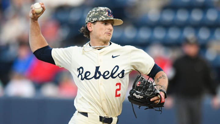 Ole Miss pitcher Riley Maddox (2) pitches against Mississippi State at Swayze Field in Oxford, Miss., on Friday, Apr. 12, 2024.