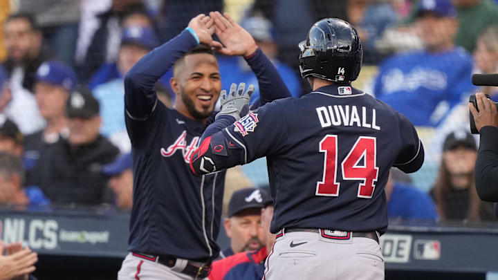 Oct 20, 2021; Los Angeles, California, USA; Atlanta Braves left fielder Eddie Rosario (8) and center