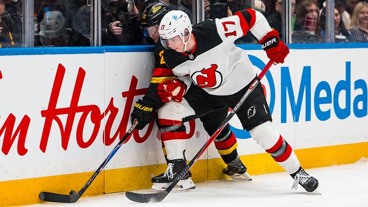 New Jersey Devils defenseman Simon Nemec (17) checks Vancouver Canucks forward Nils Hoglander (21) in the second period at Rogers Arena: Bob Frid-Imagn Images New Jersey Devils defenseman Simon Nemec (17) checks Vancouver Canucks forward Nils Hoglander (21) in the second period at Rogers Arena: Bob Frid-Imagn Images