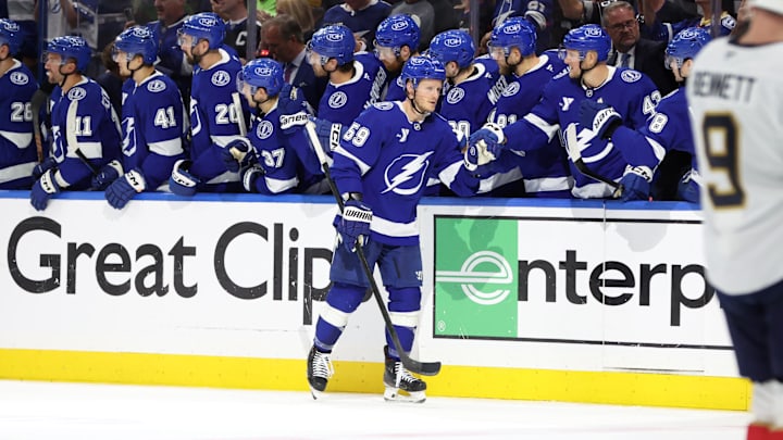 Tampa Bay Lightning center Jake Guentzel is congratulated after he scored a goal against the Florida Panthers. Tampa Bay Lightning center Jake Guentzel is congratulated after he scored a goal against the Florida Panthers.