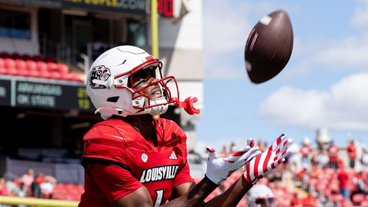 Louisville Cardinals wide receiver Ja'Corey Brooks (1) warms up ahead of their game against the Jacksonville State Gamecocks on Saturday, Sept. 7, 2024 at L&N Federal Credit Union Stadium in Louisville, Ky. Louisville Cardinals wide receiver Ja'Corey Brooks (1) warms up ahead of their game against the Jacksonville State Gamecocks on Saturday, Sept. 7, 2024 at L&N Federal Credit Union Stadium in Louisville, Ky.
