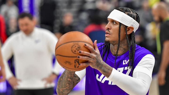 Mar 19, 2025; Salt Lake City, Utah, USA;  Utah Jazz guard Jordan Clarkson (00) warms up before the game against the Washington Wizards at the Delta Center. Mandatory Credit: Peter Creveling-Imagn Images