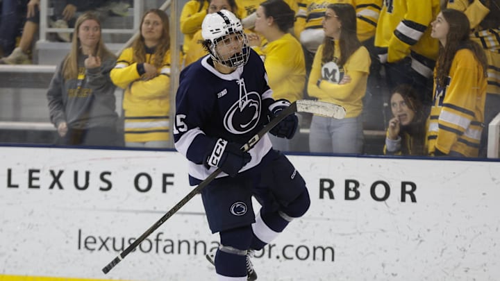 Penn State men's hockey forward Charlie Cerrato celebrating goal