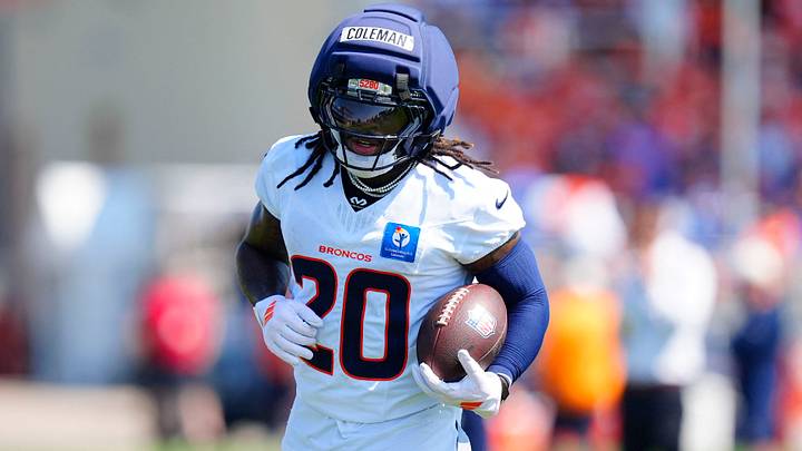 Jul 31, 2026; Englewood, CO, USA; Denver Broncos running back Jonah Coleman (20) during training camp at Broncos Park. 