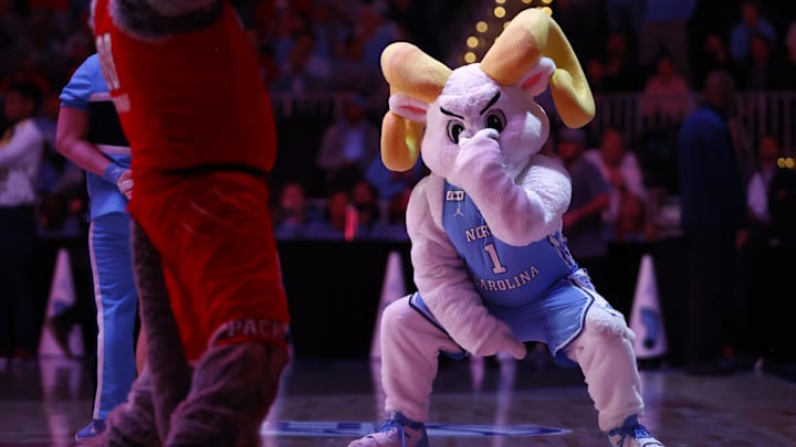 Mar 16, 2024; Washington, D.C., USA; North Carolina Tar Heels mascot, Rameses, performs during the second half at Capital One Arena. Mandatory Credit: Amber Searls-Imagn Images