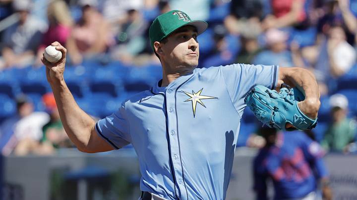 Mar 17, 2025; Port St. Lucie, Florida, USA;   Tampa Bay Rays pitcher Jacob Waguespack (40) throws a pitch during the eighth inning against the New York Mets at Clover Park. Mandatory Credit: Reinhold Matay-Imagn Images 