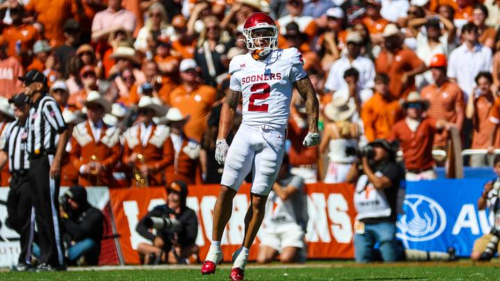 Oklahoma Sooners defensive back Billy Bowman Jr. (2) reacts after a fourth down stop during the second half against the Texas Longhorns at the Cotton Bowl. Oklahoma Sooners defensive back Billy Bowman Jr. (2) reacts after a fourth down stop during the second half against the Texas Longhorns at the Cotton Bowl.