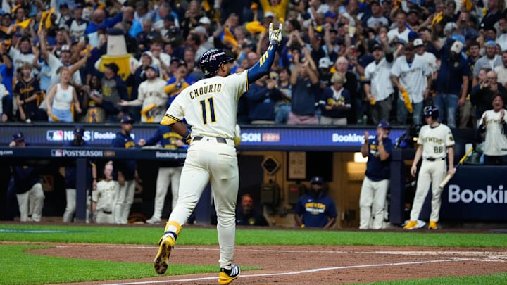Oct 6, 2025; Milwaukee, Wisconsin, USA; Milwaukee Brewers center fielder Jackson Chourio (11) celebrates after hitting a three run home run during the fourth inning against the Chicago Cubs during game two of the NLDS round for the 2025 MLB playoffs at American Family Field. Mandatory Credit: Michael McLoone-Imagn Images