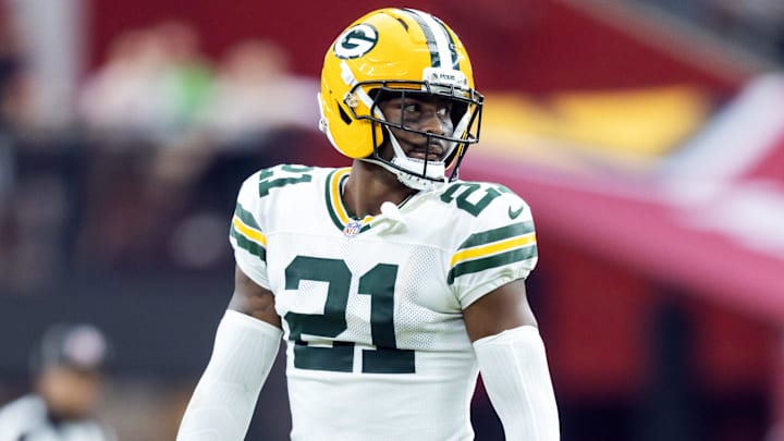 Oct 19, 2025; Glendale, Arizona, USA; Green Bay Packers cornerback Nate Hobbs (21) against the Arizona Cardinals at State Farm Stadium. Mandatory Credit: Mark J. Rebilas-Imagn Images