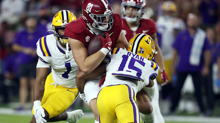 Nov 4, 2023; Tuscaloosa, Alabama, USA; Alabama Crimson Tide tight end CJ Dippre (81) is tackled by LSU Tigers safety Sage Ryan (15) after a reception during the first half at Bryant-Denny Stadium. Mandatory Credit: Butch Dill-Imagn Images Nov 4, 2023; Tuscaloosa, Alabama, USA; Alabama Crimson Tide tight end CJ Dippre (81) is tackled by LSU Tigers safety Sage Ryan (15) after a reception during the first half at Bryant-Denny Stadium. Mandatory Credit: Butch Dill-Imagn Images