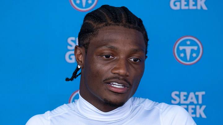 Tennessee Titans wide receiver Carnell Tate fields questions from the media
