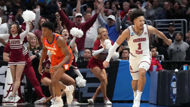 Mar 30, 2024; Los Angeles, CA, USA; Alabama Crimson Tide guard Mark Sears (1) reacts in the second
