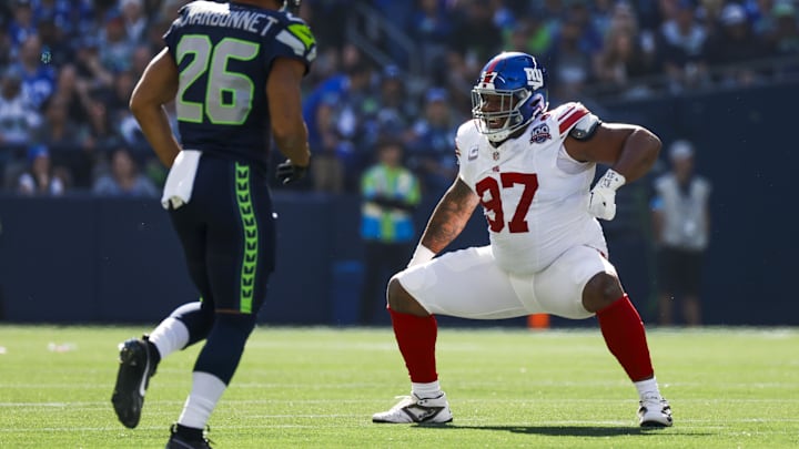 Oct 6, 2024; Seattle, Washington, USA; New York Giants defensive tackle Dexter Lawrence II (97) celebrates following a sack against the Seattle Seahawks during the second quarter at Lumen Field. Mandatory Credit: Joe Nicholson-Imagn Images