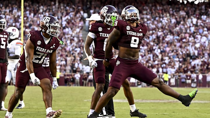 Texas A&M Aggies defensive end Cashius Howell (9) reacts after a sack during the fourth quarter against the Auburn Tigers at Kyle Field.