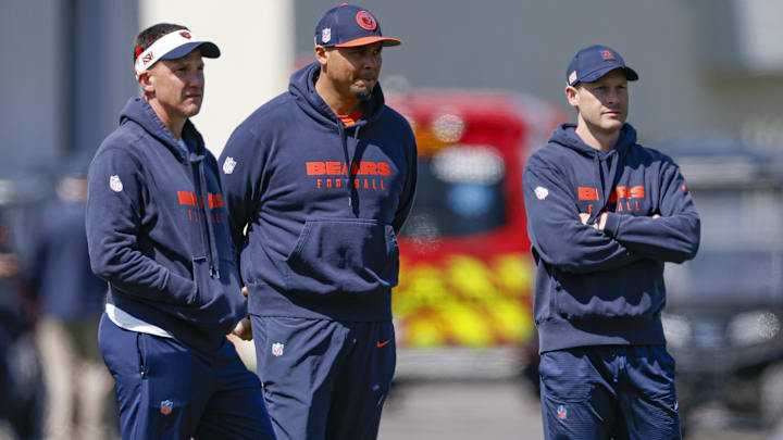 Chicago Bears defensive coordinator Dennis Allen, general manager Ryan Poles and head coach Ben Johnson.
