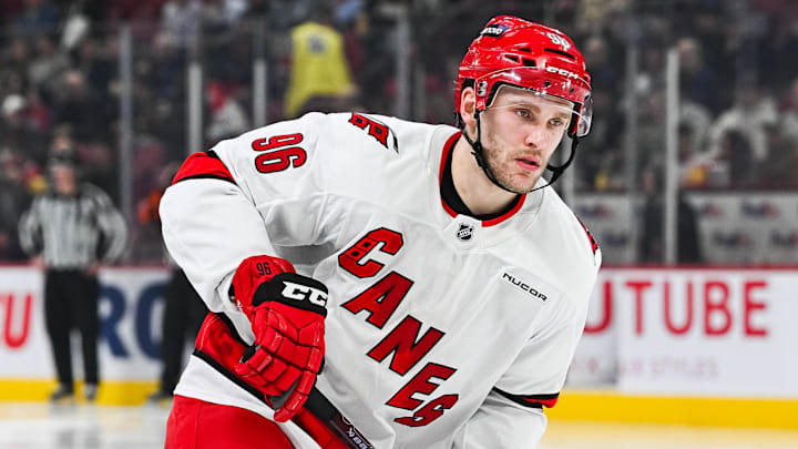 Feb 25, 2025; Montreal, Quebec, CAN; Carolina Hurricanes right wing Mikko Rantanen (96) looks on against the Montreal Canadiens in the third period at Bell Centre. Mandatory Credit: David Kirouac-Imagn Images