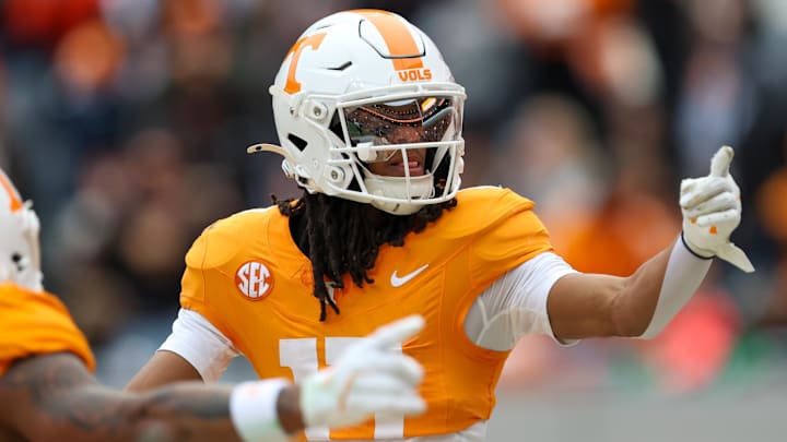 Nov 29, 2025; Knoxville, Tennessee, USA;  Tennessee Volunteers wide receiver Chris Brazzell II (17) celebrates a touchdown against the Vanderbilt Commodores during the first half at Neyland Stadium. Mandatory Credit: Randy Sartin-Imagn Images
