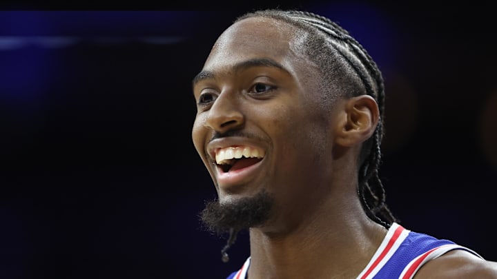 Oct 27, 2025; Philadelphia, Pennsylvania, USA; Philadelphia 76ers guard Tyrese Maxey (0) smiles during a break in action against the Orlando Magic in the second quarter at Xfinity Mobile Arena. Mandatory Credit: Bill Streicher-Imagn Images Oct 27, 2025; Philadelphia, Pennsylvania, USA; Philadelphia 76ers guard Tyrese Maxey (0) smiles during a break in action against the Orlando Magic in the second quarter at Xfinity Mobile Arena. Mandatory Credit: Bill Streicher-Imagn Images