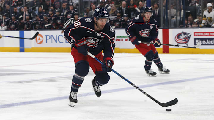 Mar 13, 2025; Columbus, Ohio, USA; Columbus Blue Jackets center Boone Jenner (38) carries the puck against the Vegas Golden Knights during the first period at Nationwide Arena. Mandatory Credit: Russell LaBounty-Imagn Images
