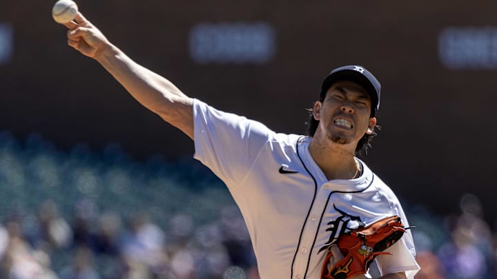 Apr 13, 2024; Detroit, Michigan, USA; Detroit Tigers starting pitcher Kenta Maeda (18) throws in the