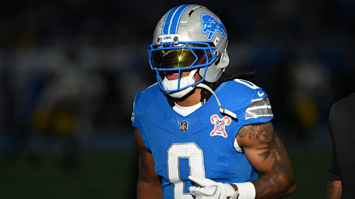 Detroit Lions running back Jahmyr Gibbs (0) warms up before the game against the Pittsburgh Steelers at Ford Field. Mandatory Credit: Lon Horwedel-Imagn Images