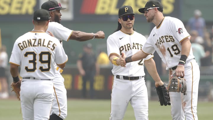 Jun 29, 2023; Pittsburgh, Pennsylvania, USA; Pittsburgh Pirates shortstop Nick Gonzales (39) and