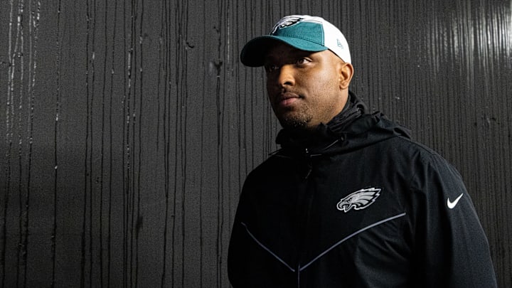 Dec 3, 2023; Philadelphia, Pennsylvania, USA; Philadelphia Eagles offensive coordinator Brian Johnson