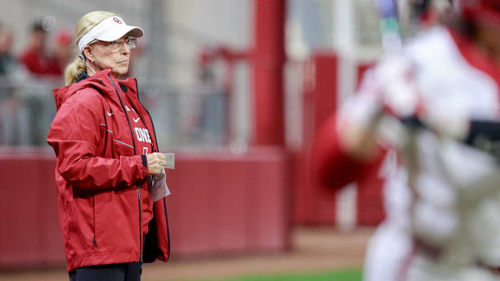 Oklahoma head coach Patty Gasso watches on from the coaching box at Love's Field.