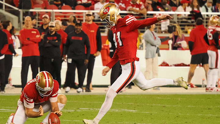 Oct 27, 2024; Santa Clara, California, USA; San Francisco 49ers kicker Anders Carlson (41) scores a field goal against the Dallas Cowboys during the fourth quarter at Levi's Stadium.