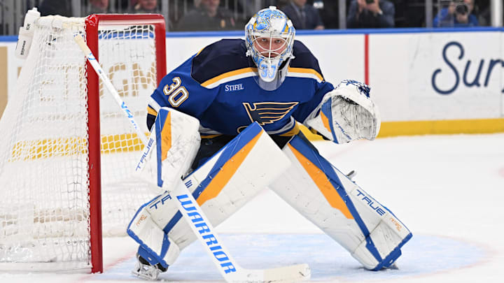 Mar 26, 2026; St. Louis, Missouri, USA; St. Louis Blues goaltender Joel Hofer (30) defends the net against the San Jose Sharks in the first period at Enterprise Center. Mandatory Credit: Joe Puetz-Imagn Images