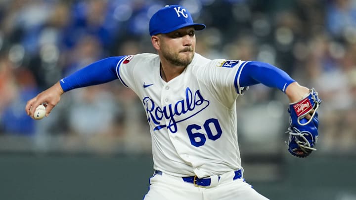 Apr 21, 2026; Kansas City, Missouri, USA; Kansas City Royals pitcher Lucas Erceg (60) pitches during the ninth inning against the Baltimore Orioles at Kauffman Stadium. Mandatory Credit: Jay Biggerstaff-Imagn Images
