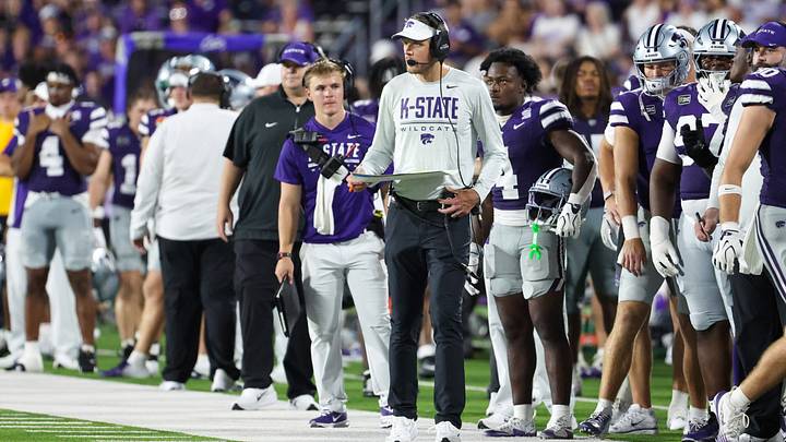 Sep 5, 2026; Manhattan, Kansas, USA;  Kansas State Wildcats head coach Collin Klein looks on during the third quarter against the Nicholls State Colonels] at Bill Snyder Family Football Stadium.  Mandatory Credit: Scott Sewell-Imagn Images