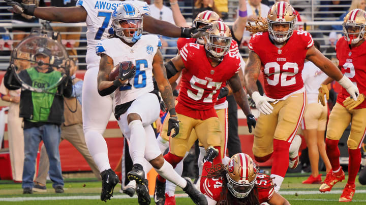 Jan 28, 2024; Santa Clara, California, USA; Detroit Lions running back Jahmyr Gibbs (26) celebrates after scoring a touchdown. Mandatory Credit: Kelley L Cox-USA TODAY Sports