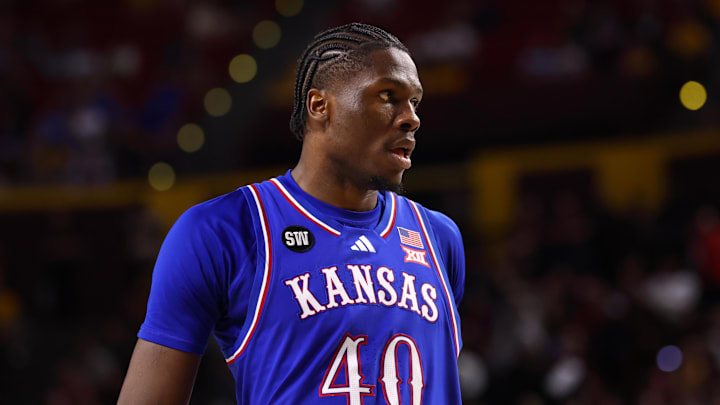 Mar 3, 2026; Tempe, Arizona, USA; Kansas Jayhawks forward Flory Bidunga (40) against the Arizona State Sun Devils at Desert Financial Arena. Mandatory Credit: Mark J. Rebilas-Imagn Images