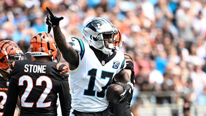 Sep 29, 2024; Charlotte, North Carolina, USA; Carolina Panthers wide receiver Xavier Legette (17) signals 1st down in the second quarter at Bank of America Stadium. Mandatory Credit: Bob Donnan-Imagn Images