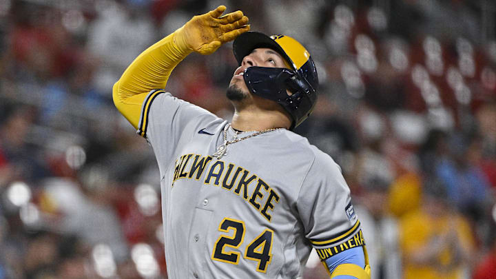 Sep 19, 2023; St. Louis, Missouri, USA;  Milwaukee Brewers catcher William Contreras (24) reacts