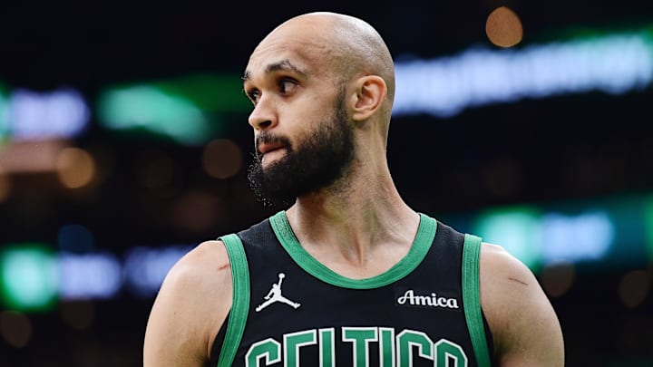 May 14, 2025; Boston, Massachusetts, USA; Boston Celtics guard Derrick White (9) in the first half during game five of the second round for the 2025 NBA Playoffs against the New York Knicks at TD Garden.