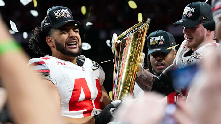 WASHINGTON COMMANDERS: Ohio State Buckeyes defensive end JT Tuimoloau (44) celebrates after defeating Notre Dame Fighting Irish in the College Football Playoff championship game at Mercedes-Benz Stadium in Atlanta on Jan. 21, 2025.