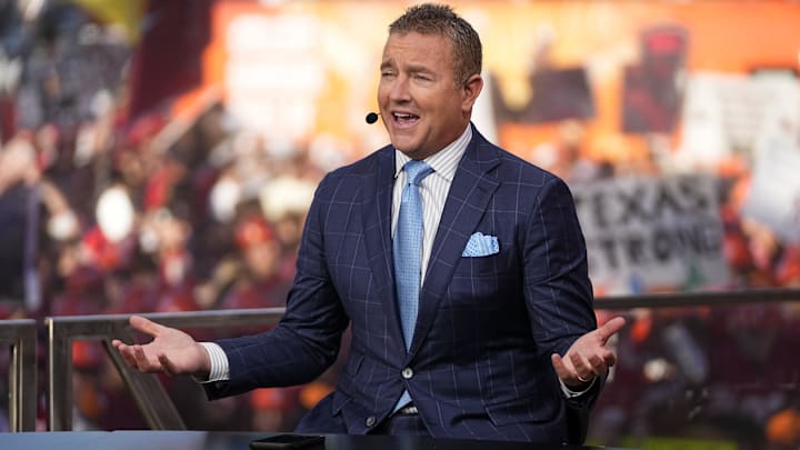 Kirk Herbstreit speaks on the set of ESPN College GameDay prior to the NCAA football game between the Ohio State Buckeyes and the Texas Longhorns at Ohio Stadium on Aug. 30, 2025.