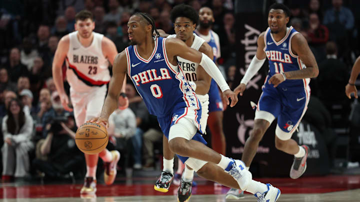 Feb 9, 2026; Portland, Oregon, USA;  Philadelphia 76ers guard Tyrese Maxey (0) brings the ball up the court against the Portland Trail Blazers during the second half at Moda Center. Mandatory Credit: Jaime Valdez-Imagn Images